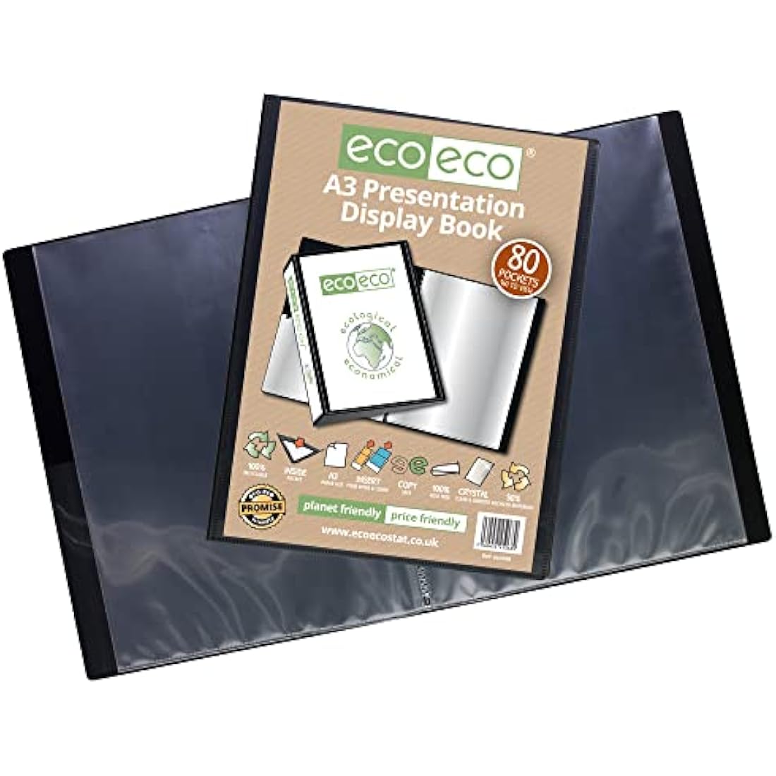 eco-eco A3 Size 50% Recycled 80 Pockets Black Presentation Display Book, Storage Case Portfolio Art Folder with Plastic Sleeves, eco068