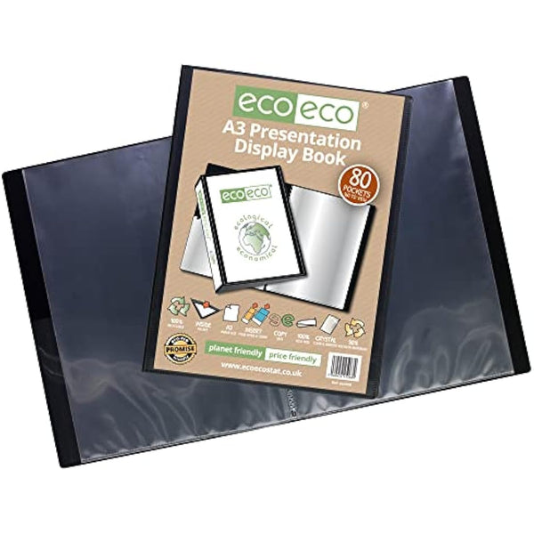 eco-eco A3 Size 50% Recycled 80 Pockets Black Presentation Display Book, Storage Case Portfolio Art Folder with Plastic Sleeves, eco068