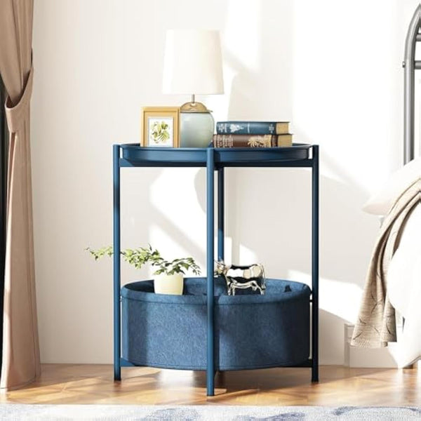 Huhote Side Table, Round End Table with Fabric Basket, Small Bedside Table, Nightstand Sofa Table for Living Room, Bedroom, Bathroom, Balcony, Modern Style (Blue)