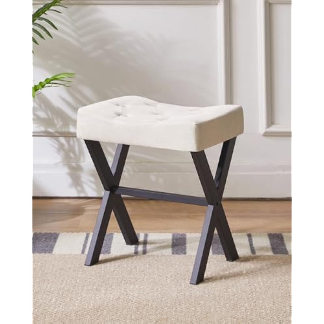 IBUYKE U-shaped Linen Vanity Stool, Square Makeup Stool with X-Leg, Ottoman Seat Footrest Stool, Multi-Use as Small Side Table, for Bedroom, Living Room, Linen WBD018Y