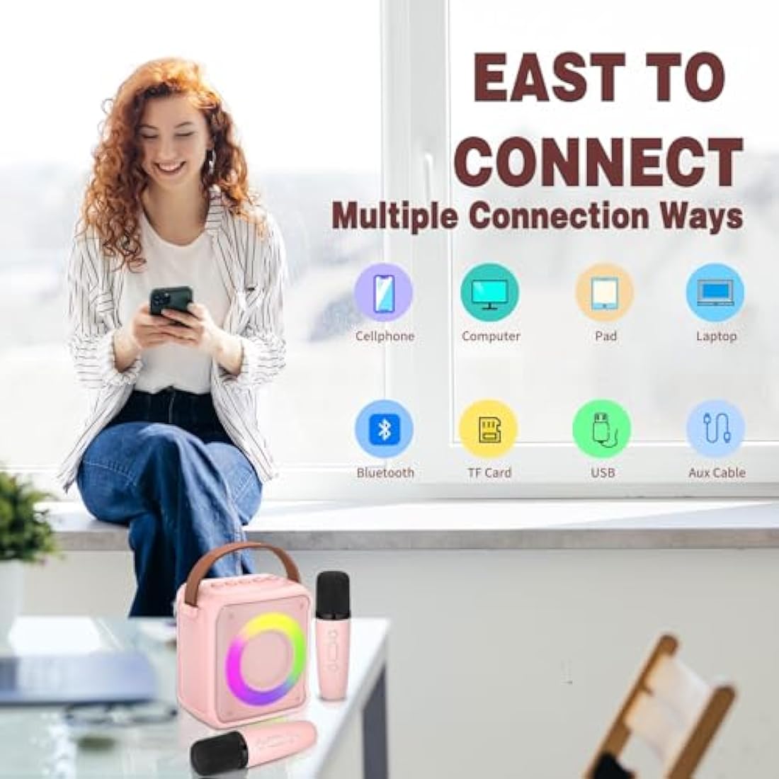 Ankuka Karaoke Toys for Kids & Adults with 2 Microphones, Portable Karaoke Machine with LED Light and Voice Changing Effects, Gifts for Age 3-18 Kids Boys Girls Families Birthday Party (Pink)