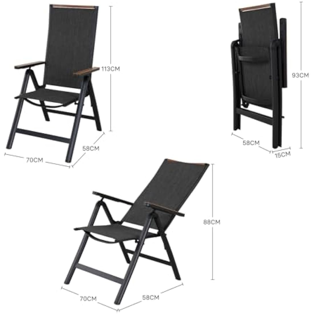 Grand patio folding chair, Aluminium garden chairs with Armrest & Mesh breathable Seat, Adjustable 6 Position High Backrest, foldable dining chair for Outdoor, Garden, Dining room (Black)