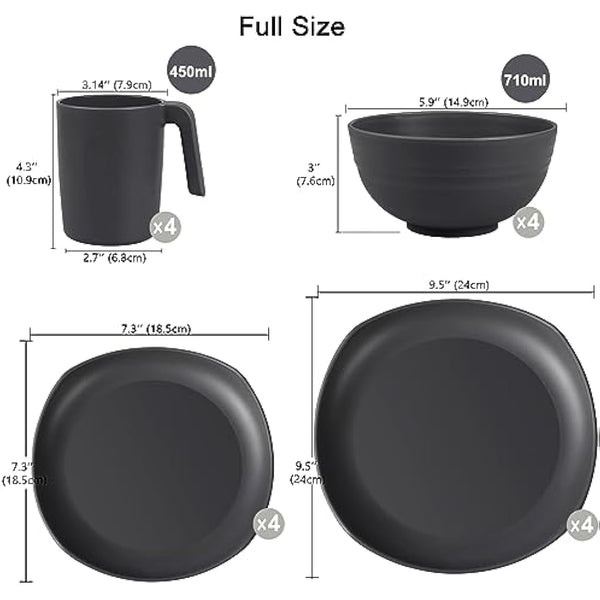 Greentainer Unbreakable Lightweight Dinnerware Sets, Plastic Dinner Set, 4 Dining Plates, 4 Bowls, 4 Cups, Microwave and Dishwasher Safe, Camping Tableware for Kids and Adults, Service for 4(Grey)