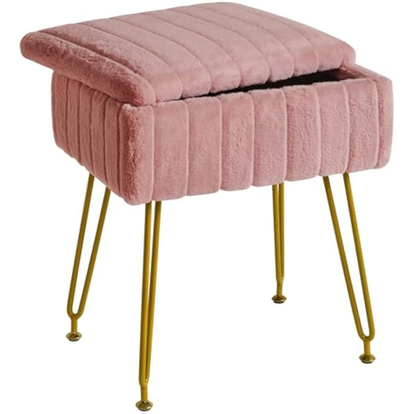 IBUYKE Stool Chair with Storage Space, Footrest Footstool Ottoman, Small Side Table, with 4 Metal Legs, with Anti-Slip Feet, for Makeup Room, Bedroom, Faux Fur, Pink L/G-50P