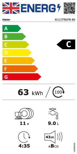 Haier XI1C3TB2FB-80 I-Pro Shine Series 4 Integrated Dishwasher, 11 place Setting, Black Bezel, C Rated