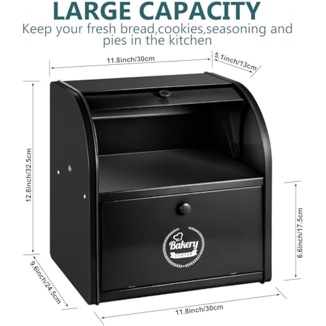 Dyserbuy 2-Layer Bread Bin, Bread Bins for Kitchen, Large Bread Box with Roll Top Lid, Metal Bread Container, Storage Bin for Fresh Loaves, Cookies, Pastries 30 x 25 x 33 cm (Black)