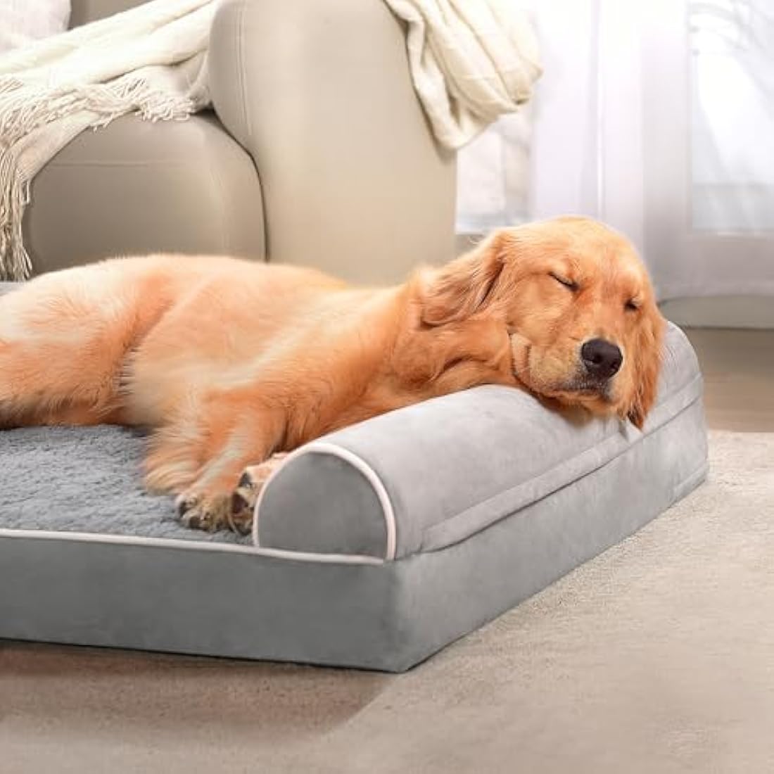 WESTERN HOME Dog Beds Large Washable, Soft Orthopedic Dog Beds with Removable Washable Cover, Extra Large Waterproof Pet Bed with U-Shape Bolster Grey, 127 x 91 x 19 cm