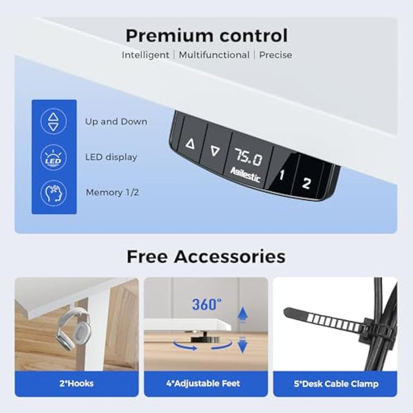 Agilestic Electric Standing Desk, 120 x 60 cm Height Adjustable Sit Stand Desk with Splice Board and Memory Smart Pannel, Home Office Desk, White