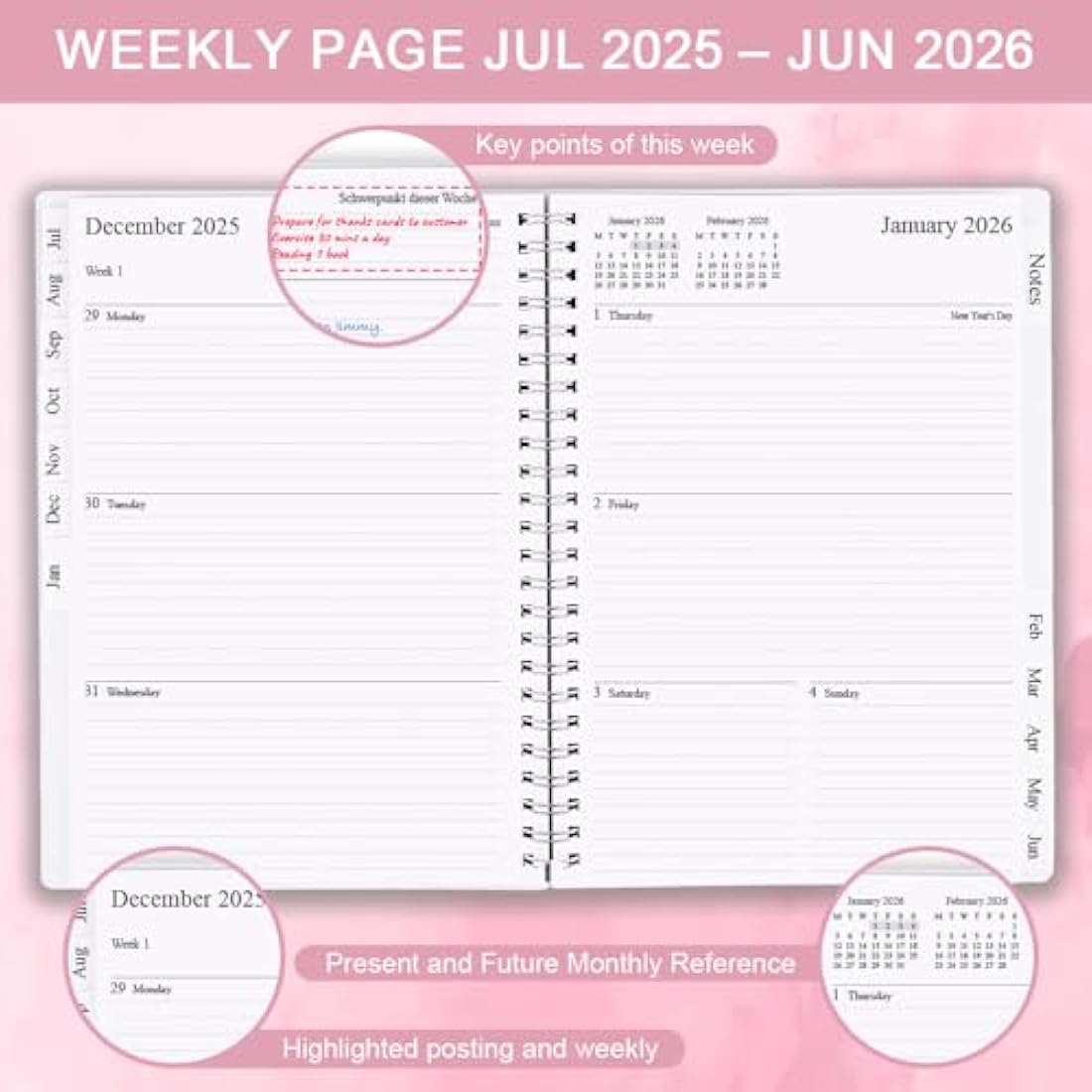 Diary 2025-2026, A5 Weekly/Monthly Planner with Monthly Tabs, 2025-2026 Planner from Jul 2025 to Jun 2026, Twin-Wire Binding,Easy to Organize Your Daily Life,14.8×21cm, Planners 2025-2026 Week to View