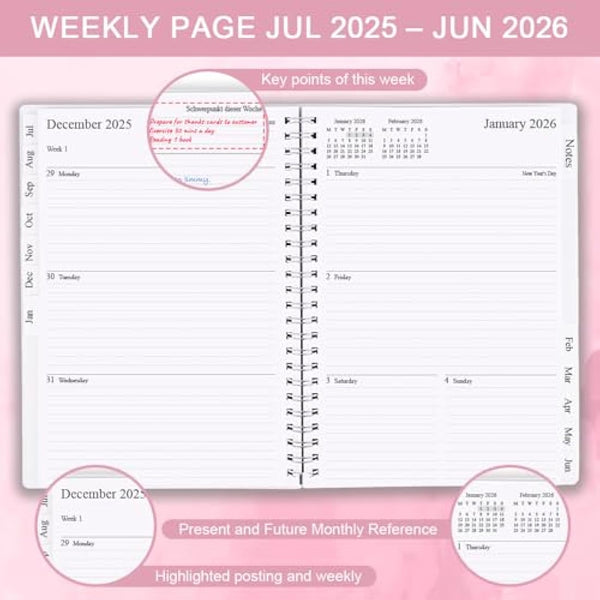 Diary 2025-2026, A5 Weekly/Monthly Planner with Monthly Tabs, 2025-2026 Planner from Jul 2025 to Jun 2026, Twin-Wire Binding,Easy to Organize Your Daily Life,14.8×21cm, Planners 2025-2026 Week to View