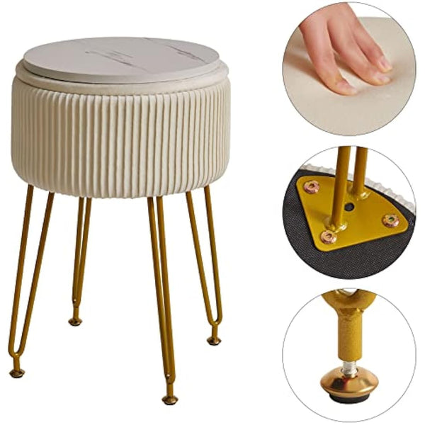 IBUYKE Velvet Storage Footrest Stool Ottoman, Makeup Vanity Stool Side Table with Golden Steel Legs Removable Cover, Coffee Table Top Cover, Creamy-White L/G-20M