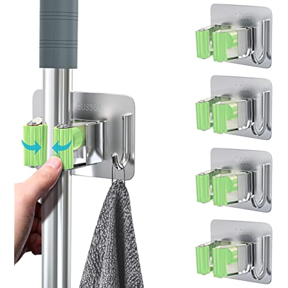 homeasy Mop Broom Holder, 4 Pcs Stainless Steel Self Adhesive Mop Holder Wall Mounted with Hooks Hanger Self-Adhesive Broom Holder for Bathroom, Kitchen, Office, Closet, Garden Garage (Green)