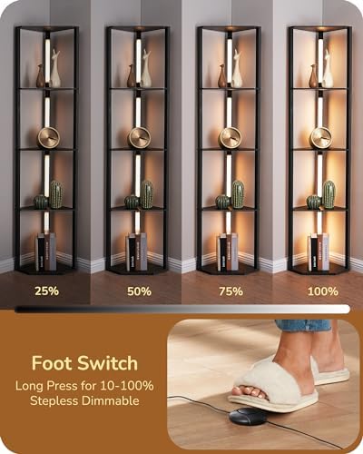 EDISHINE LED Floor Lamps with Shelves, 4 Layers Wood Dimmable Standing Lamp, 360° Rotatable Poles, Corner Floor Lamps for Living Room Bedroom Office, Black