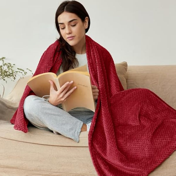 Exclusivo Mezcla King Size Fleece Bed Blanket, 230x265 CM Soft Jacquard Weave Waffle Pattern Blankets for Bed Settees, Burgundy