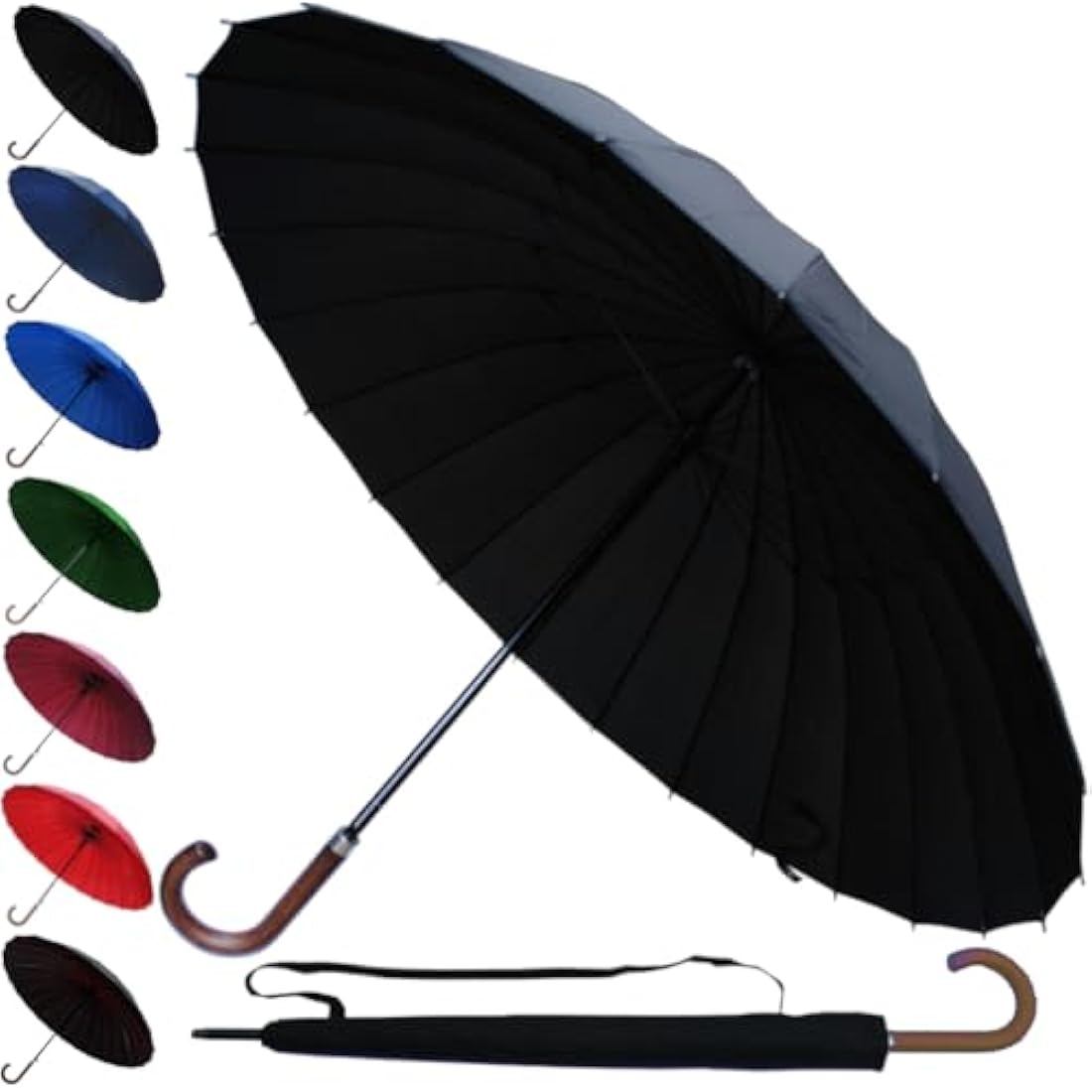 60MPH Strong Umbrella with 24 Ribs - Windproof Umbrella Automatic Large - Reinforced Frame - Wood Hook Handle - Best for Most Ribs - Designer Rainproof Big Golf Men Women - Black