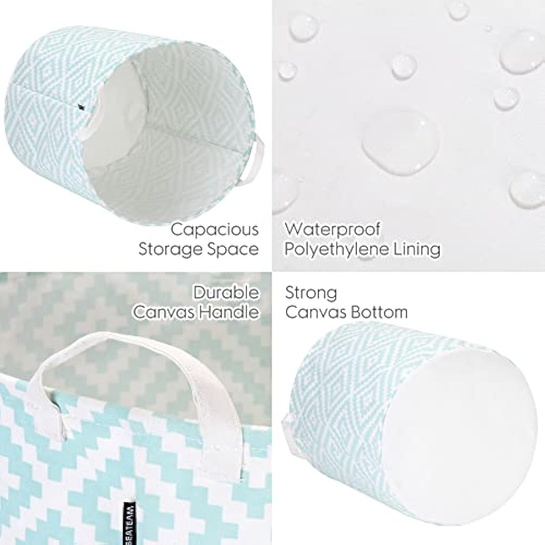 Sea Team 19.7 Inch Large Sized Waterproof Coating Ramie Cotton Fabric Folding Laundry Hamper Bucket Cylindric Burlap Canvas Storage Basket with Stylish Bohemia Mint Design