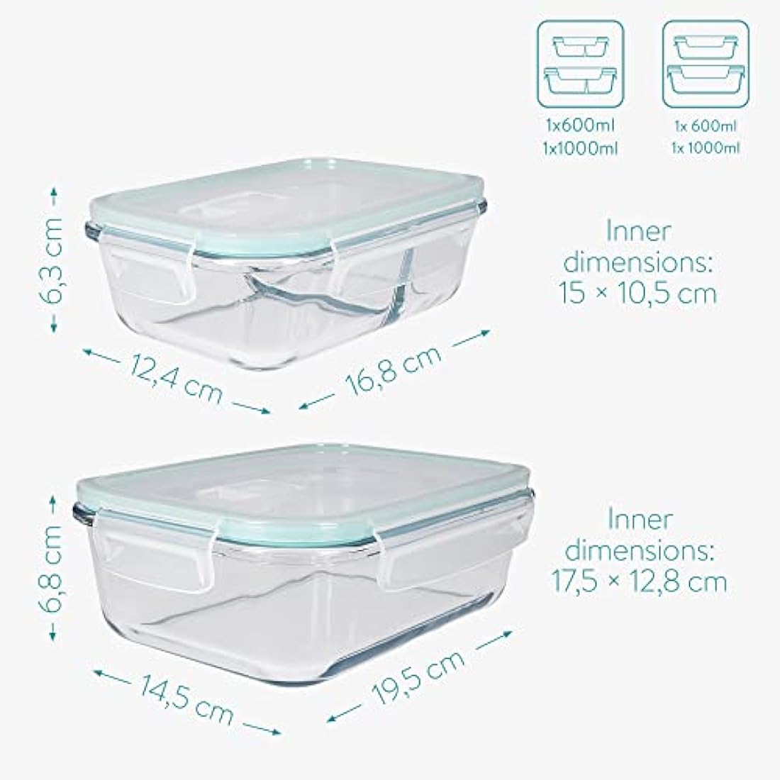 Navaris Glass Food Container Set - Mixed Set of 4 Storage Containers with Lids - Airtight, Leakproof, Oven, Microwave, Freezer and Dishwasher Safe