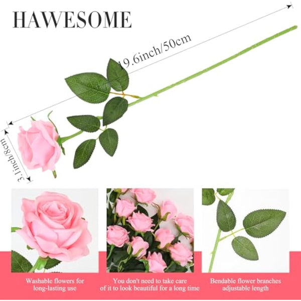 Hawesome 12PCS Artificial Roses Fake Flowers Single Long Stem Blooms With Rose Buds Wedding Decoration Bridal Bouquet Decorative Flower Arrangement Home Decoration Party Centerpieces in Pink