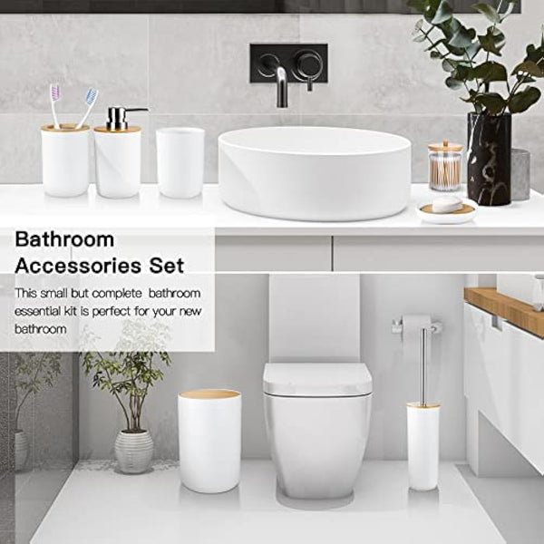 JOTOM 7 Pieces Bamboo Bathroom Accessory Set Luxury Plastic Accessories Qtip Holder Toothbrush Tumbler Toilet Brush Soap Dish Trash Can Dispenser Bath Gift (White) (JQJT1009)