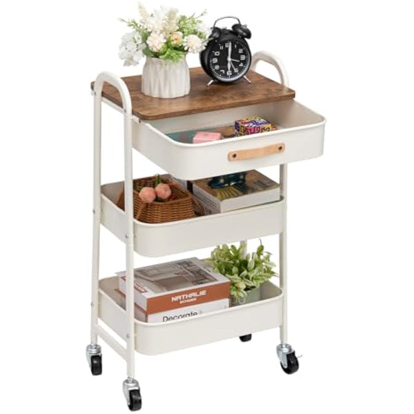 DOEWORKS Storage Trolley on Wheels Metal 3-Tier Trolley Cart with Drawer Rolling Kitchen Trolleys Beauty Trolleys with Leather Handle for Room Bathroom Office, White