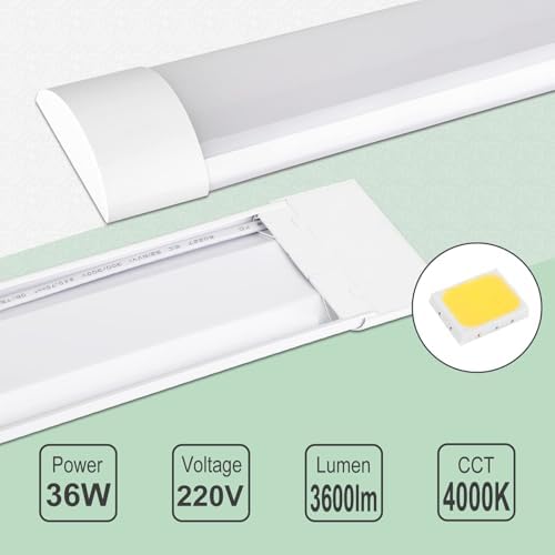 muzha 4 Packs LED Batten Lights，PC Body， 4FT 36W 4000k 3600lm,Low Profile Wall or Ceiling Surface Mounted Fitting for Home/Workshop/Office/School Restaurant (4FT)