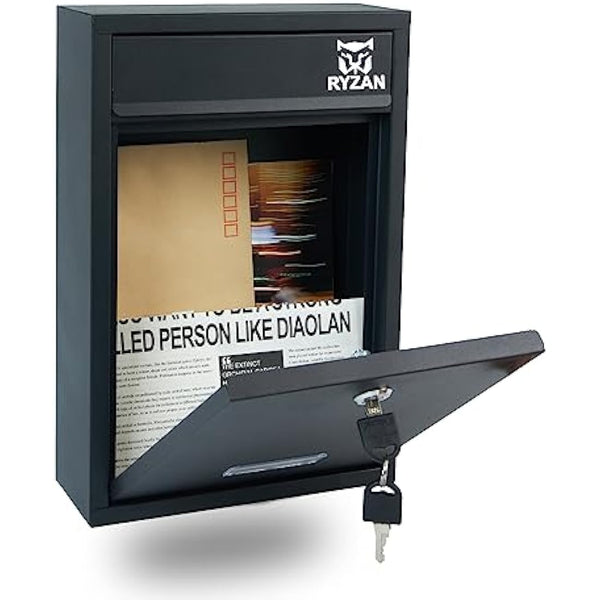 RYZAN Wall Mounted Mailbox Steel Postbox Modern Delivery Letterbox For Outside With Nameplate Easy To Install Lockable Weatherproof Large Letter Post Mail ‎8.5 x 21.5 x 32 cm Outdoor With Keys, Black