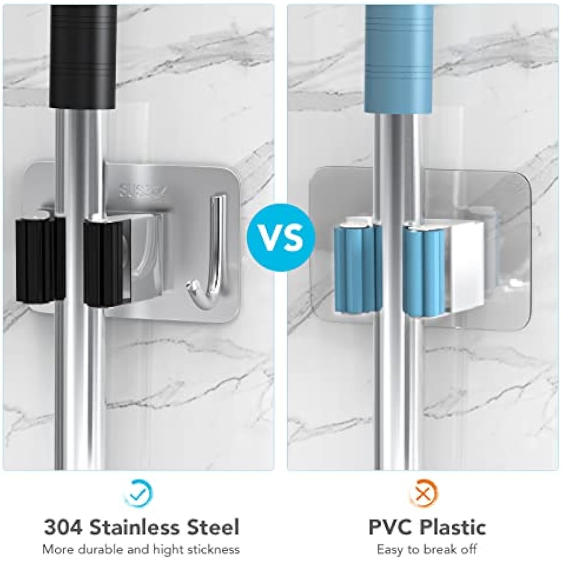 homeasy Mop Broom Holder, 4 Pcs Stainless Steel Self Adhesive Mop Holder Wall Mounted with Hooks Hanger Self-Adhesive Broom Holder (Siver Mix)