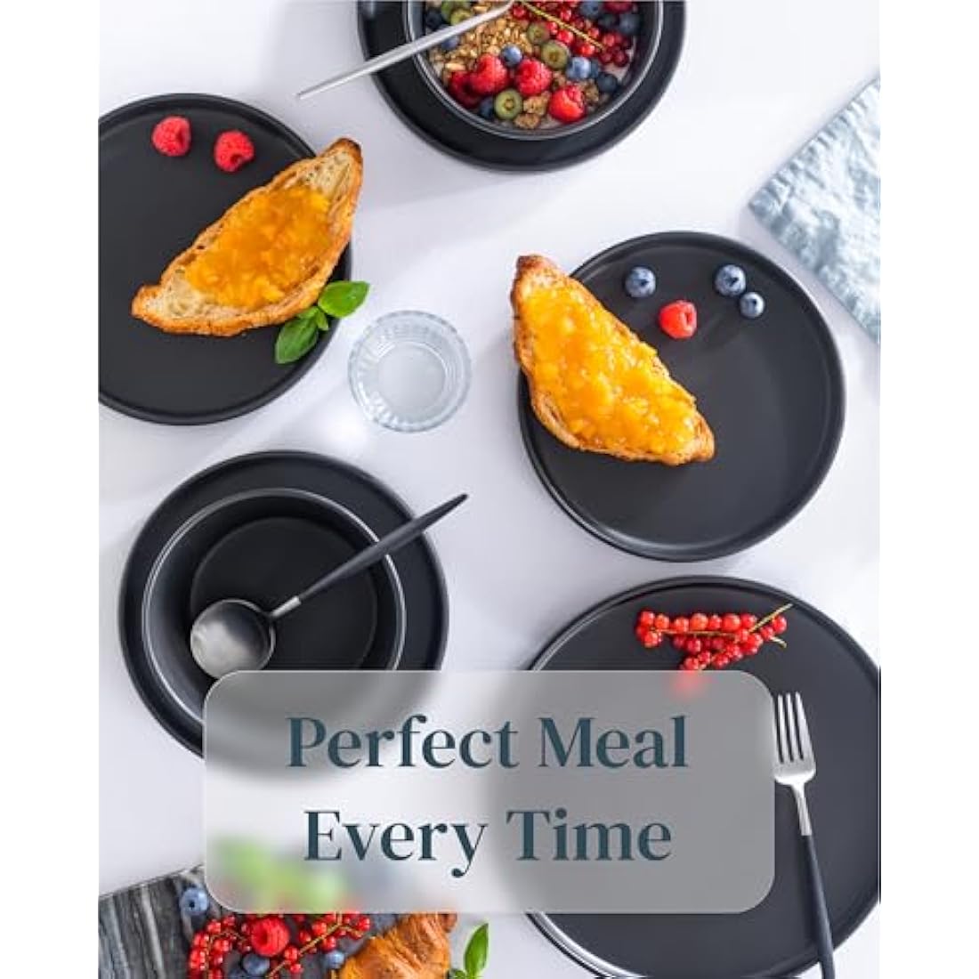 24 Piece Black Dinner Sets for 6 People - Cool Urban Style Stoneware Dinner Set for 6 - Dishwasher & Microwave Safe Plates and Bowls Set for 6 - Dinnerware Sets by Pure Living in Matte Black