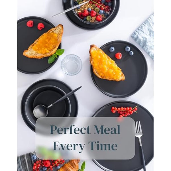 24 Piece Black Dinner Sets for 6 People - Cool Urban Style Stoneware Dinner Set for 6 - Dishwasher & Microwave Safe Plates and Bowls Set for 6 - Dinnerware Sets by Pure Living in Matte Black