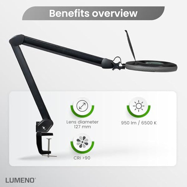 Lumeno 7213SW LED Magnifying lamp, 127 mm Glass Lens, 950 Lumen, 3 diopters, Workstation & Cosmetic lamp, for Beauty Salon, hobbyist, as Reading aid, Magnifying Glass with Table clamp