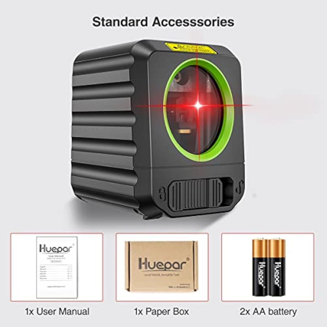 Huepar Self-Leveling Laser Level with Red Beam Cross Line Laser - Vertical and Horizontal Line, 100ft Alignment Tool for Picture Hanging and DIY Application, Battery Included