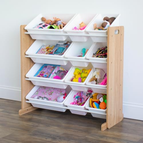 Humble Crew Journey Wooden Toy Storage Organiser for Children, with 12 BPA Free Plastic Removeable Storage Bins, Ideal for Storing Toys, Games, Books