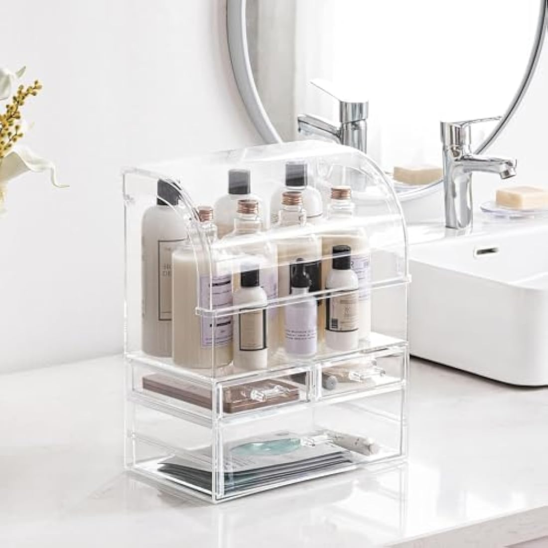 SIOOUI Cosmetic Organizer, Large Acrylic Clear Cosmetics Storage Display Case with Drawers, Perfume Makeup Organizer Box with Waterproof Cover for Bedroom Vanity Desk,Counter, Bathroom, Dresser
