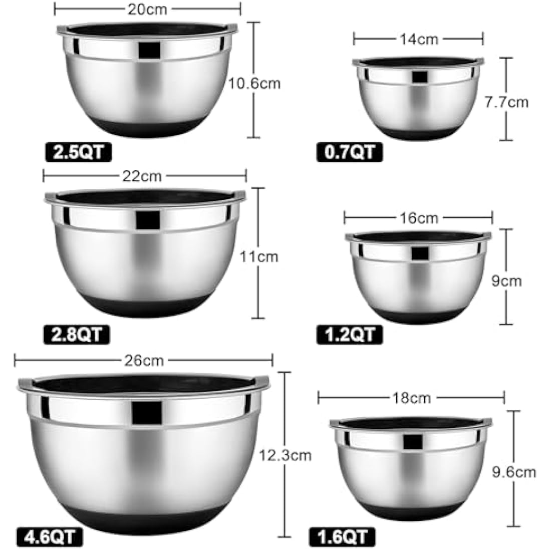 HaWare Mixing Bowl Set of 6, Stainless Steel Salad Bowl for Kitchen Baking, Serving, Space-Saving Storage Metal Nesting Bowl, Silicone Bottom & Airtight Lids, Size 4.5/3/2.5/1.5/1.2/0.7QT (Black)