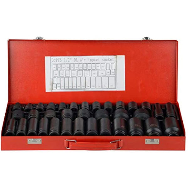 35pcs 1/2" Drive 6 Point 8-32mm Metric Deep Impact Socket Set Car Garage Tools