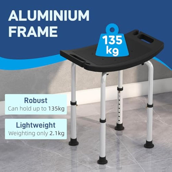HOMCOM Height Adjustable Shower Stool, Aluminium Shower Chair, Non-Slip Bath Stool for Elderly, Disabled, Seniors, Pregnant, Black