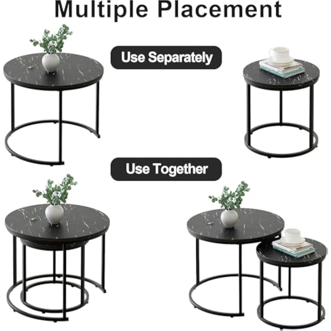 Huhote Round Coffee Tables, Set of 2 End Table, Nesting Tables, Side Table with Metal Frame for Living Room/Bedroom/Balcony/Office/Apartment, Diameter 23.6/15.7 IN (Black Frame, Black Marble Top)