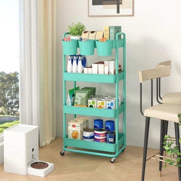 JIUYOTREE 4-Tier Plastic Rolling Storage Cart Utility Cart with Extra Hanging Cups Handles Lockable Wheels for Living Room Bathroom Kitchen Office Green