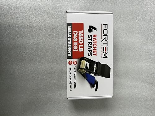 FORTEM Ratchet Straps, 748kg Break Strength, 4 Pack 4.6m x 2.54cm Tie Down Strap Set, 4 Soft Loops, Motorcycle Straps Tie Downs, Cargo Cam Buckles, Rubber Handles, Carry Bag