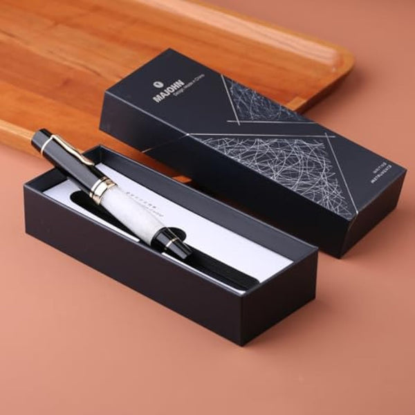 erofa Majohn P139 Piston Resin Fountain Pen Medium Nib with Box, Brass Piston System Large Capacity Writing Pen, Black White