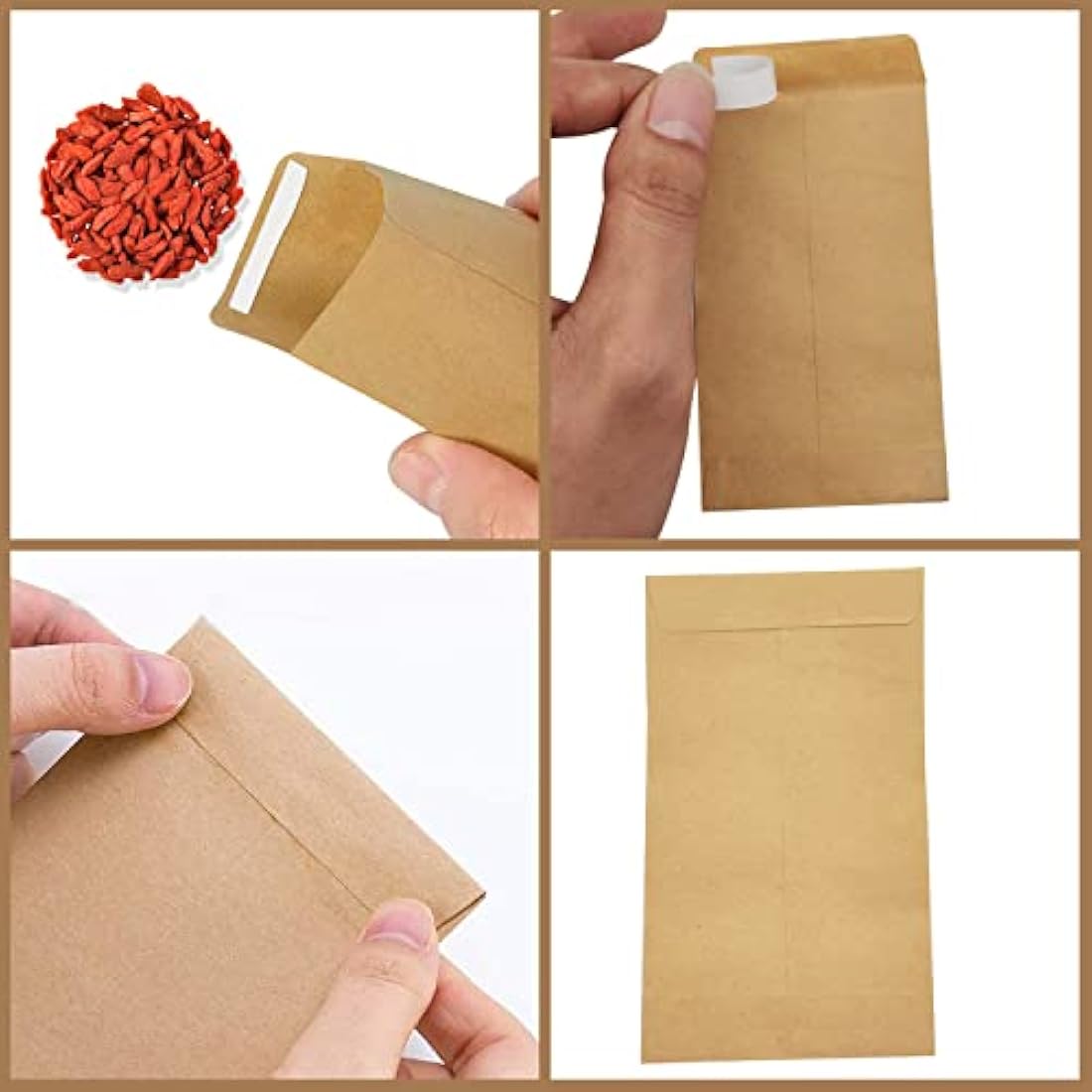 100Pcs Small Brown Envelopes, Self-Adhesive Seed Envelopes Seed Packets Kraft Paper Coin Envelopes Money Envelopes for Wages, Seeds, Coins, Beads or Stamps(10x6cm/3.9x2.4inch)