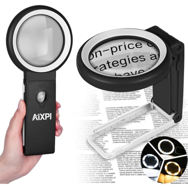 30x 40x Magnifying Glass with Light and Stand, Large Handheld Magnifying Glasses 18 LED Illuminated Lighted Magnifier for Macular Degeneration, Seniors Reading, hobbies, Coins, Jewelry (Black&White)
