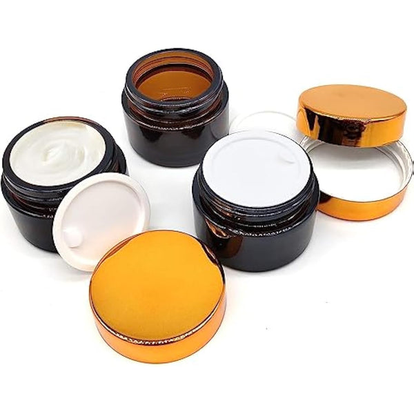 6 Pcs Amber Glass Jars, Refillable Small Glass Jars with Lids, 50ml Travel Pots for Storage Homemade Facial Cream Lotion Ointment