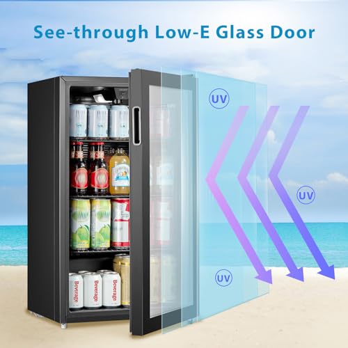 COMFEE' RCZ99BG2(E) Under Counter Beer & Drinks Fridge-93L Capacity,Holds up to 115 Cans, Premium Temperature Performance (2℃ to 15℃), Full Length Low-E Glass, Removable Shelves, LED Light, Low Noise