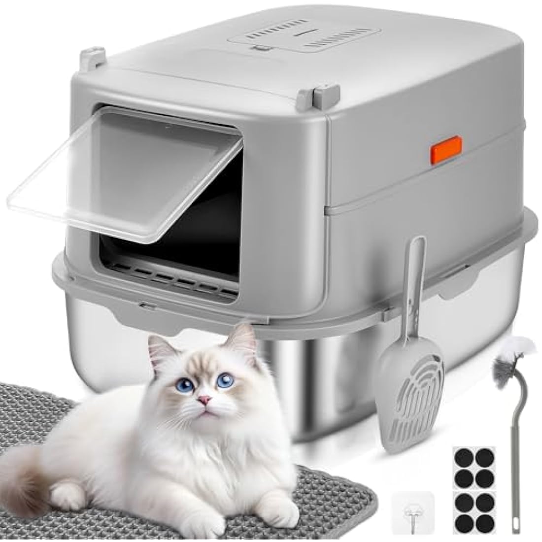 Papettly High Sided Stainless Steel Litter Box with Lid, Extra Large Cat Litter Trays Hooded Cat Litter Box, Enclosed Litter Box for Big Cats with Cat Litter Mat, Scoop, Brush, Easy Clean, Detachable