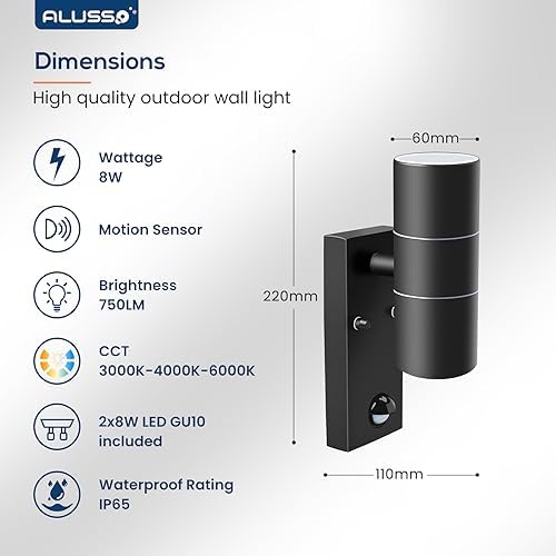 ALUSSO Motion Sensor Outdoor Wall Lights IP65, Stainless Steel Up Down Lights 3000K/4000K/6000K Selectable, 2x 8W GU10 Bulb Included,Outside Security Lights Mains Powered Sconce Wall Mounted for Porch