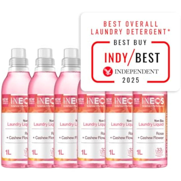 INEOS Next-Gen Non Bio Laundry Washing Liquid Detergent, 198 Washes (6 x 1L), High Performance Stain Remover For Clothes, Plant Powered, For Sensitive Skin, Rose + Cashew Flower, Packaging May Vary