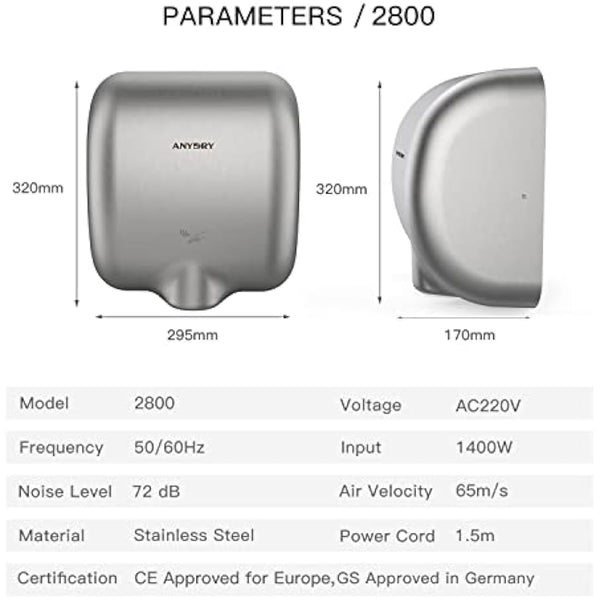anydry 2800 Commercial Hand Dryer,Heavy Duty Stainless Steel Hand Dryers,Electric Hand Dryer For Toilet.(Brushed)