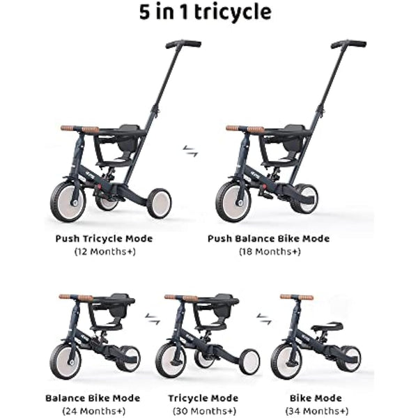 newyoo Toddler Trike with Parent Handle for 1-3 year old, Toddler Bike, Baby Balance Bike, Birthday Gift & Ride-On Toy for Boy & Girl, 5 in 1 Kids Tricycle with Safety Guard, TR008, Dark Grey