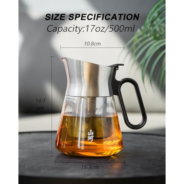 ZENS 500ML Small Glass Teapot with Infuser, Design Loose Leaf Teapot with Stainless Steel Spout for Hot Tea Diffusers, Oval Handle Clear Green Tea Infuser Pot for Loose Tea Lovers Gifts